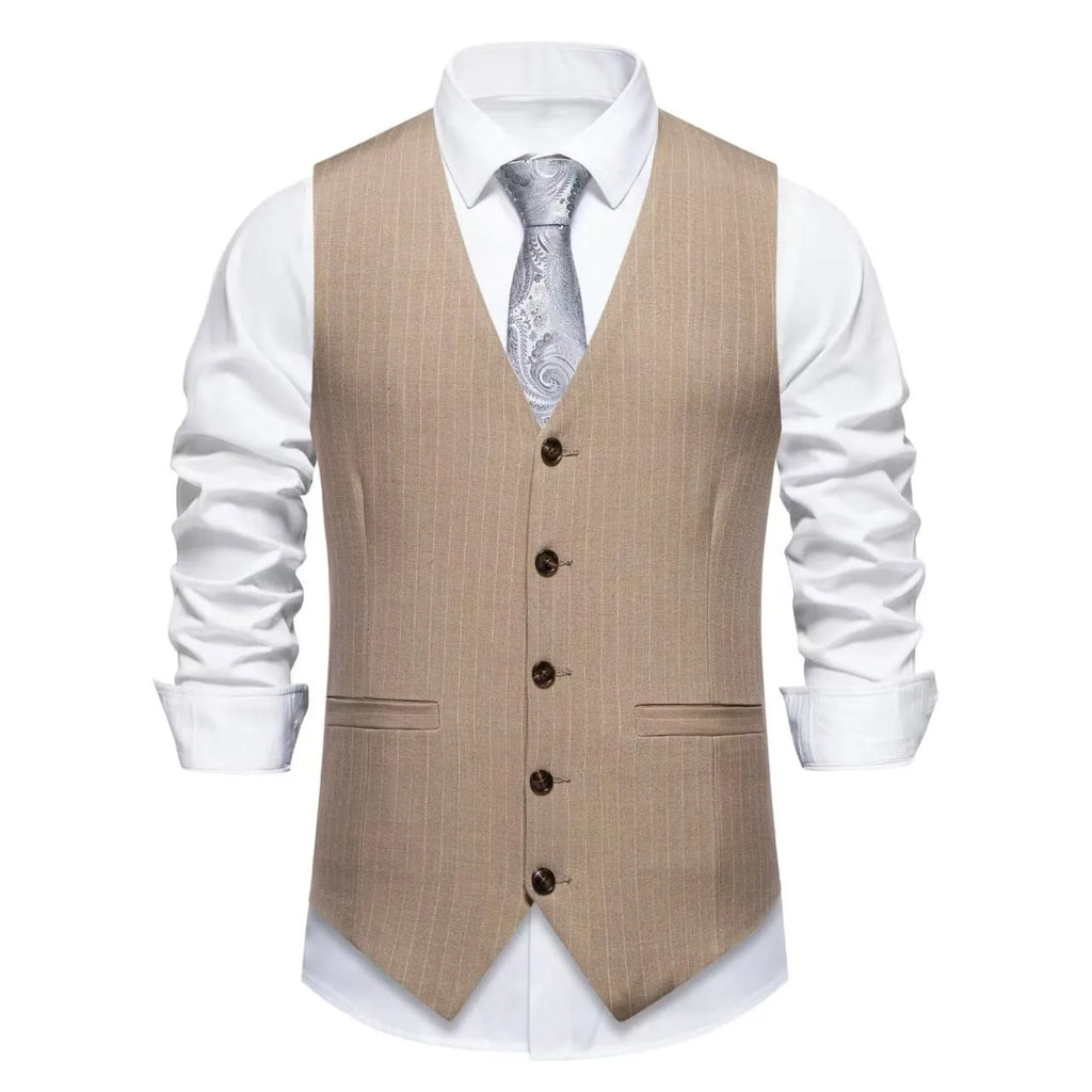 Men's striped suit vest in black, red, or khaki with a non-ironing polyester build and miter bottom hem.