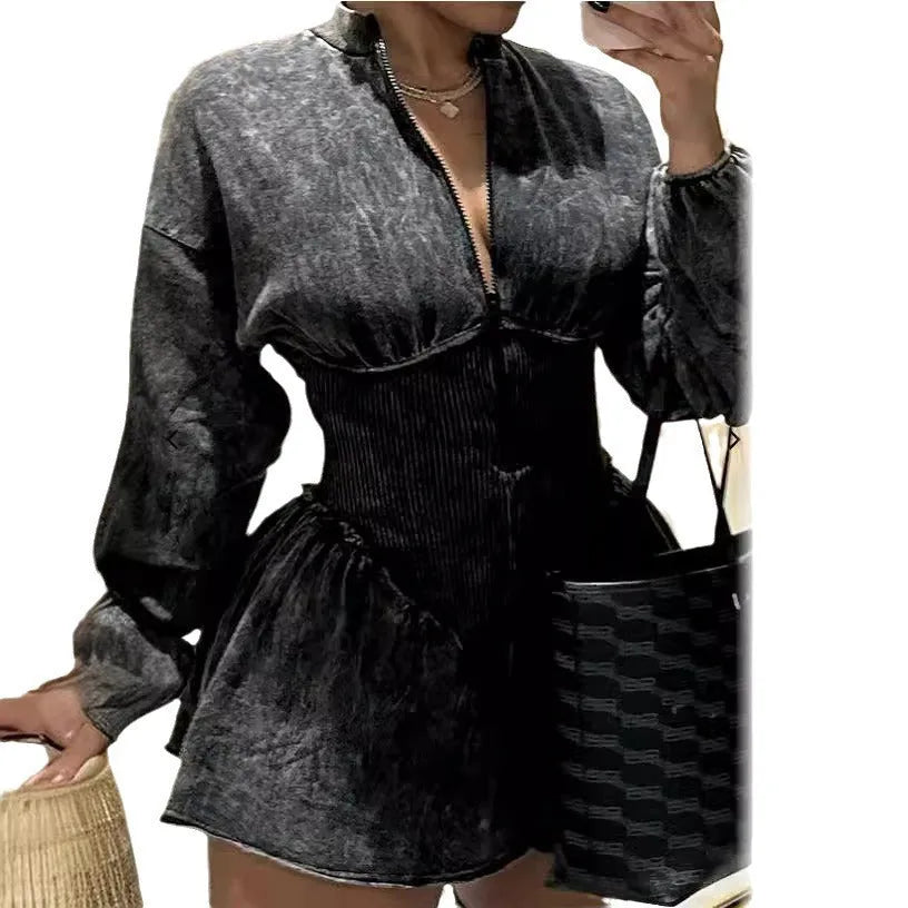 Grey digital print slim-fit dress with drawstring waist and A-line skirt, long sleeves.