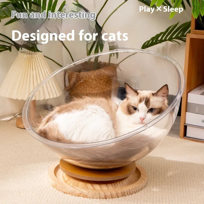 Transparent acrylic cat space capsule turntable bed with visible interior structure