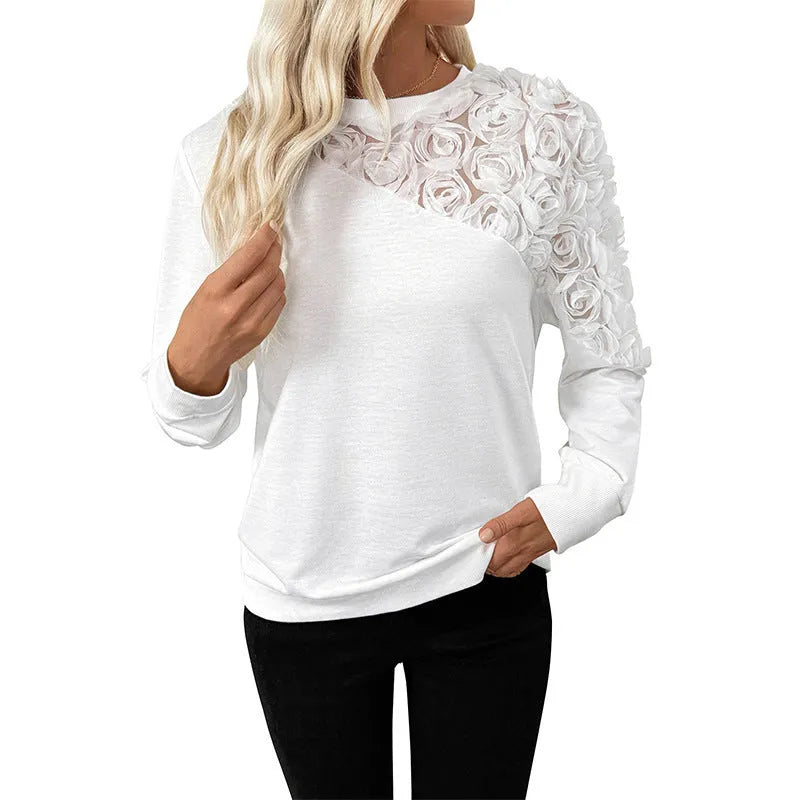 White floral print long sleeve pullover top with European and American sizing