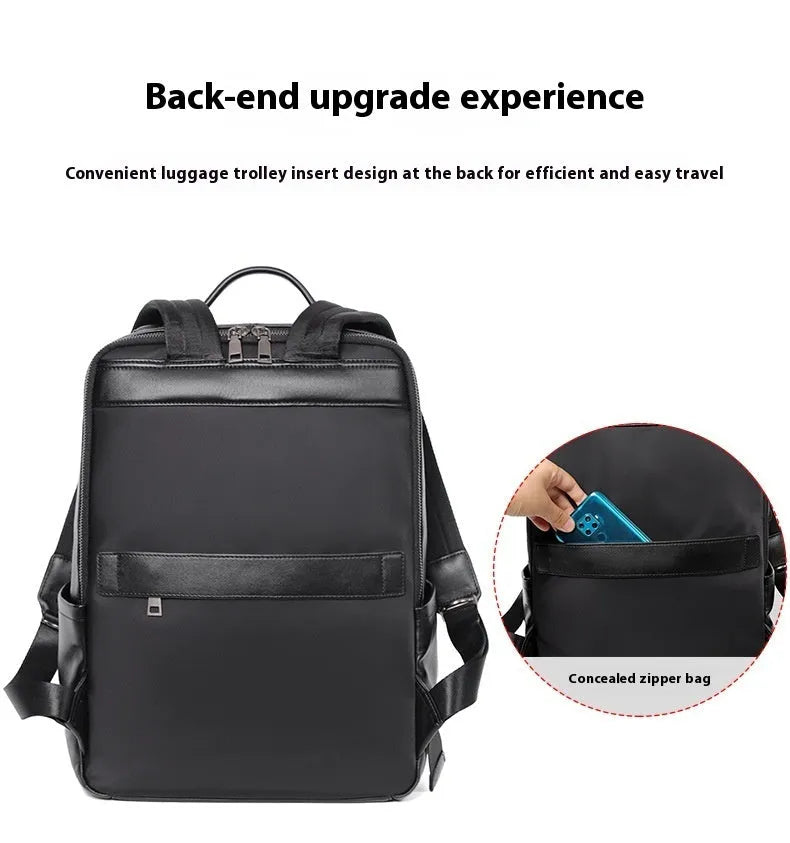 Men's black genuine leather computer backpack with 36-55L capacity and physiological curve back plate