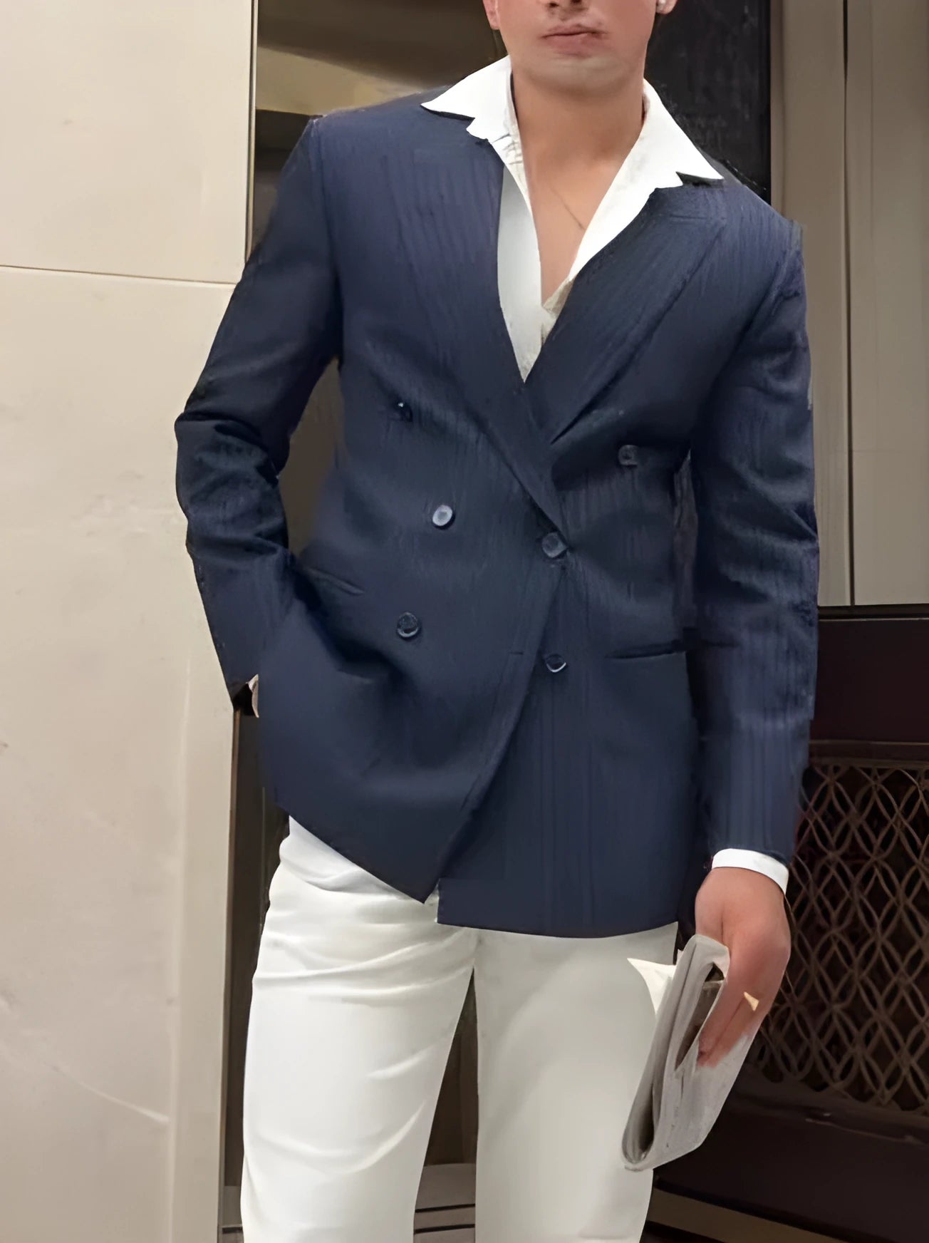 Men's striped double-breasted polyester blazer with regular fit design