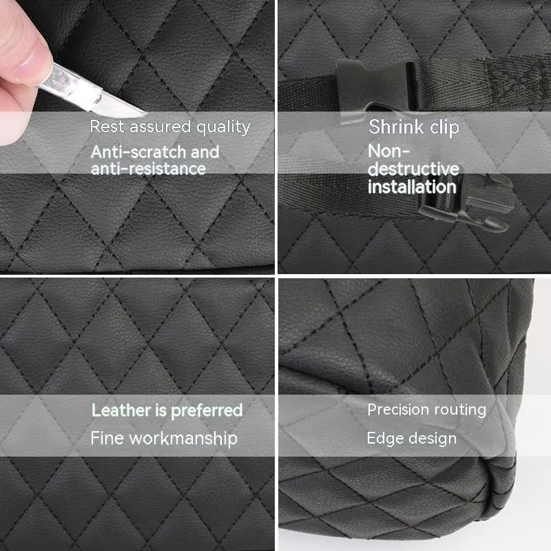 Leather car interior hanging storage bag and trash can in black, pink, green, or white colour