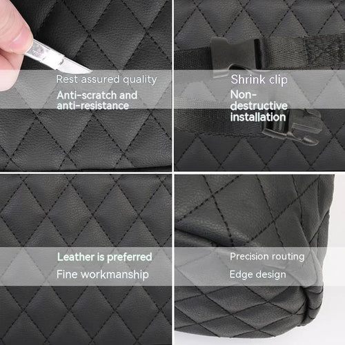 Leather car interior hanging storage bag and trash can in black, pink, green, or white colour