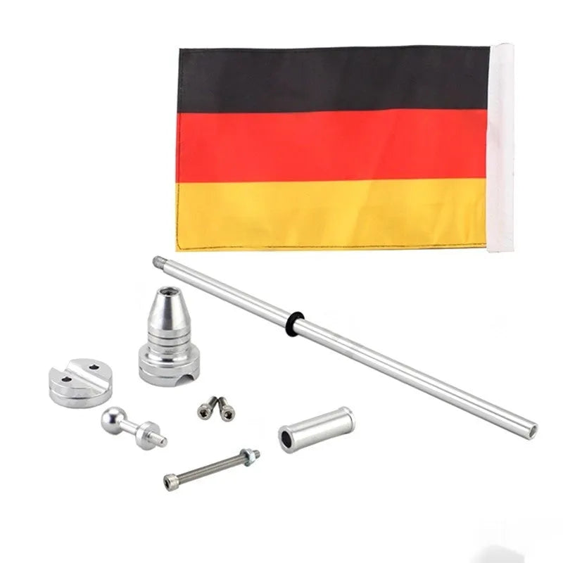 Black and silver electroplated motorcycle flagpole mount for side box or luggage rack attachment
