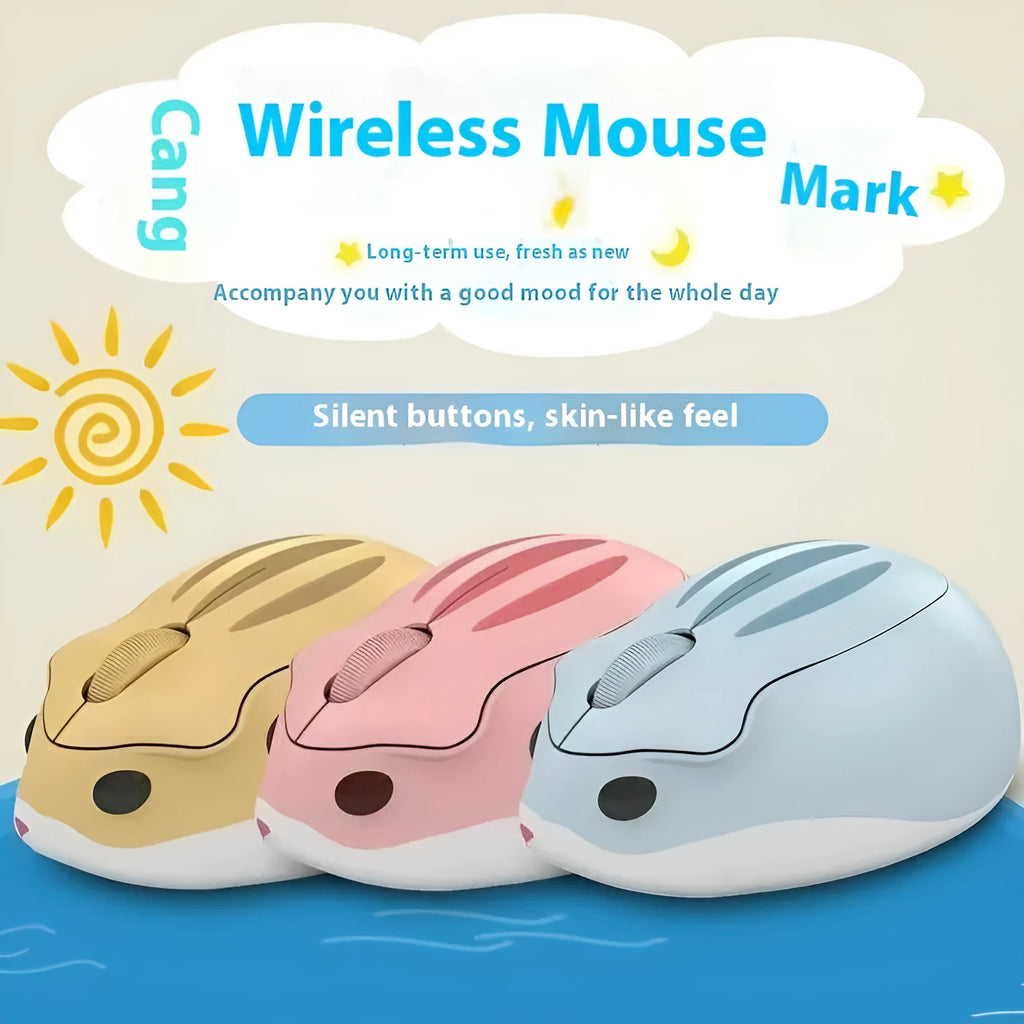 Hamster 109E wireless Bluetooth silent mouse in yellow, pink, or grey colour on a white background.