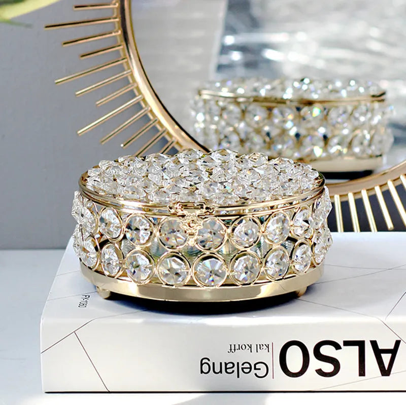 French gold European style jewelry box with transparent crystal glass and metal construction