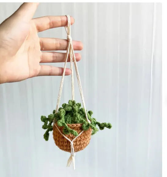 Green and white knitted wool car plant decoration with 25cm hanging rope