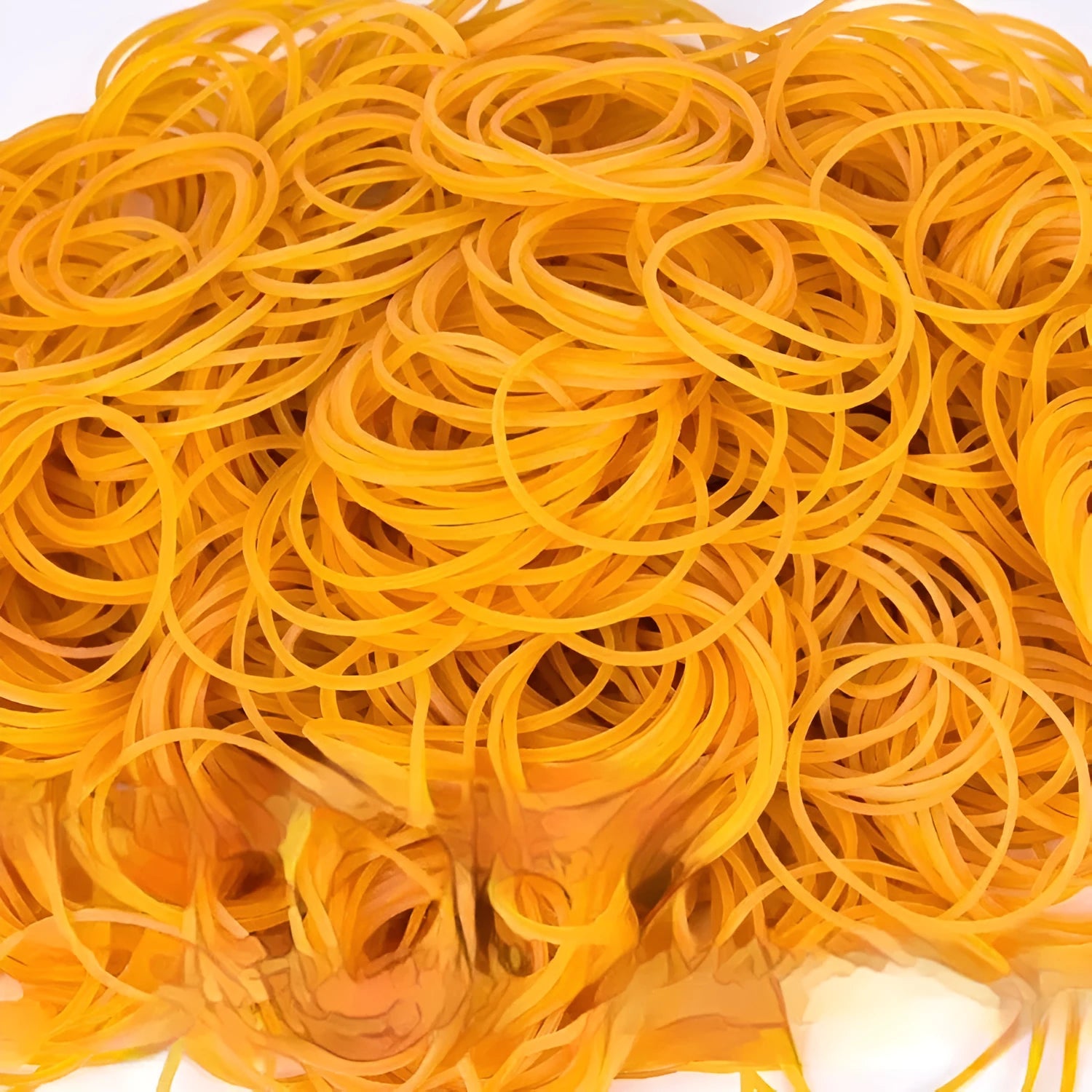 500g pack of assorted diameter yellow rubber bands ranging from 16mm to 70mm.