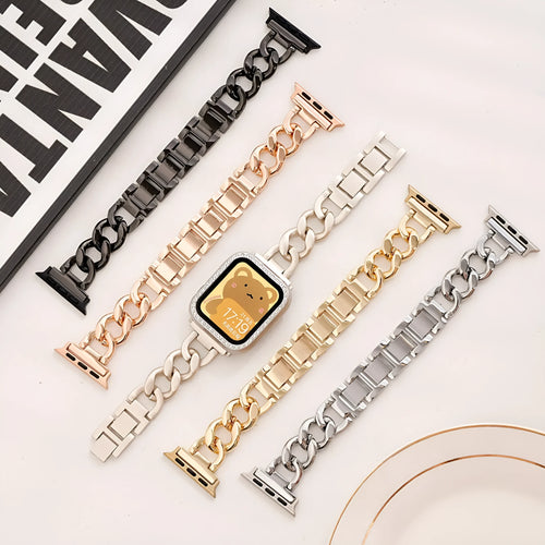 Denim chain link metal Apple Watch replacement strap in silver, black, gold, rose gold, and Starlight colours.