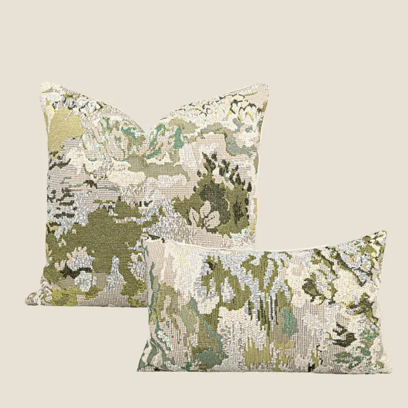 French style abstract pillow with spring flowers pattern in antique green colour