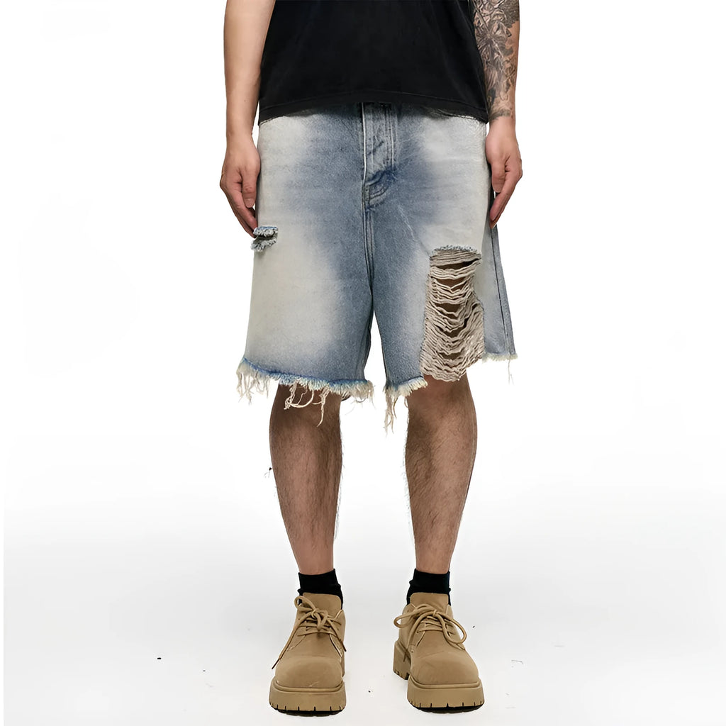 Light blue retro washed men's baggy denim shorts with a wide-leg cut and mid-waist.
