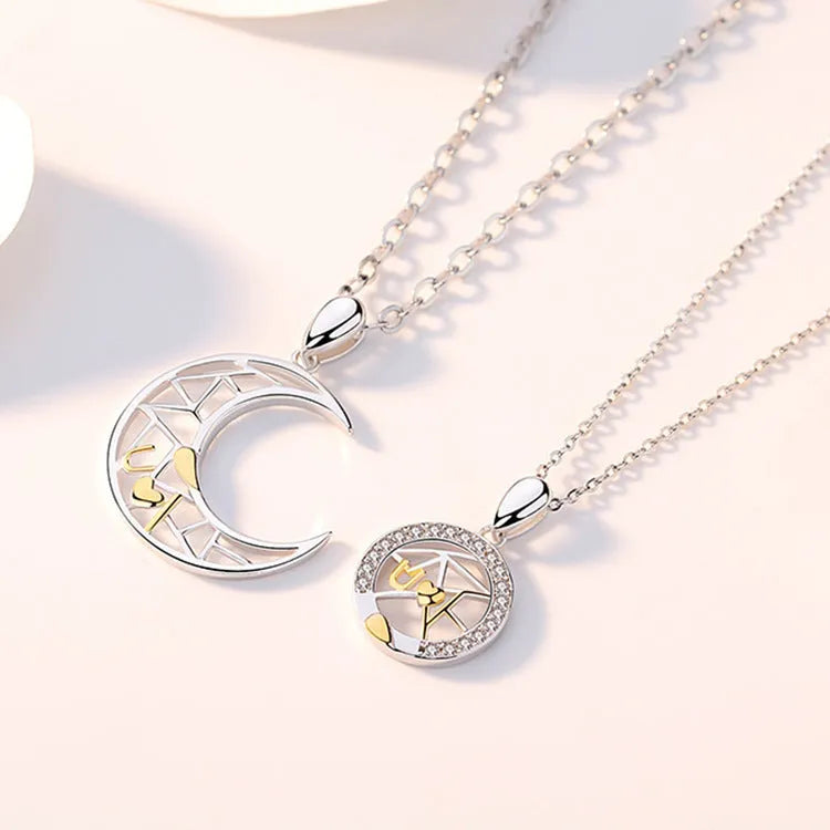 Sun moon couple necklace with copper pendants, electroplated finish and cross chain for men and women