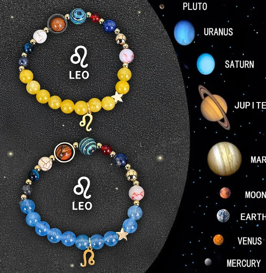 Natural stone beaded bracelets for twelve zodiac signs in two-piece astrology jewellery set