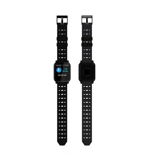 A6 colour screen smart bracelet with black silicone strap on a wrist, showing fitness data display.