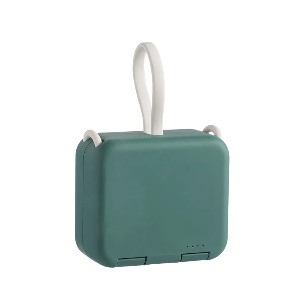 Handbag back clip power bank in blue showing USB-A and Type-C ports and integrated phone stand function.