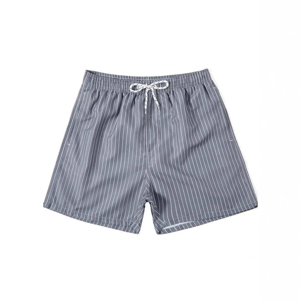 Polyester fibre striped beach shorts in navy blue, grey, khaki, or light blue colours
