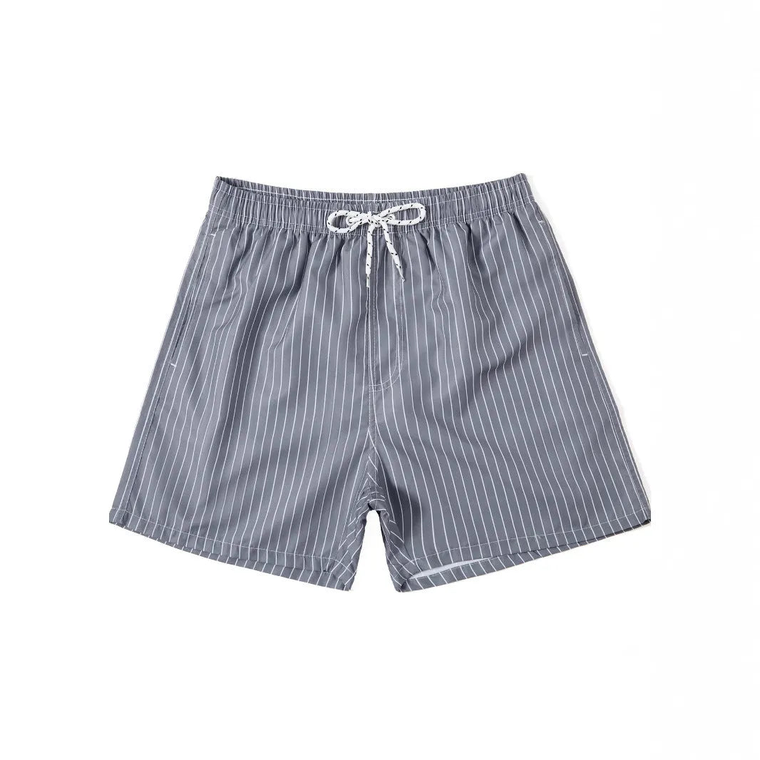 Polyester fibre striped beach shorts in navy blue, grey, khaki, or light blue colours