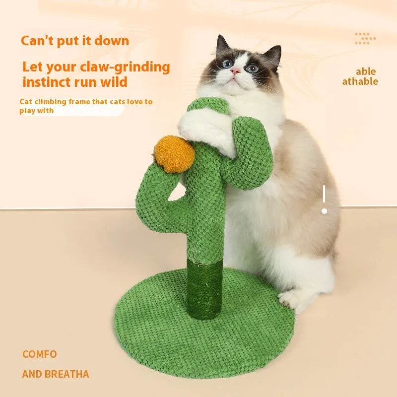 Cactus-shaped cat scratching post and climbing frame with cotton thread scratching surface