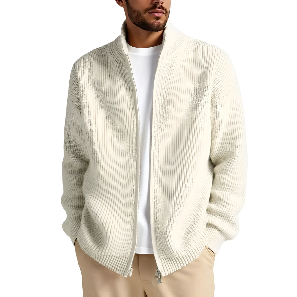 Men's loose-fit cardigan sweater coat in chemical fibre blend available in beige, black, gray, green, and navy blue
