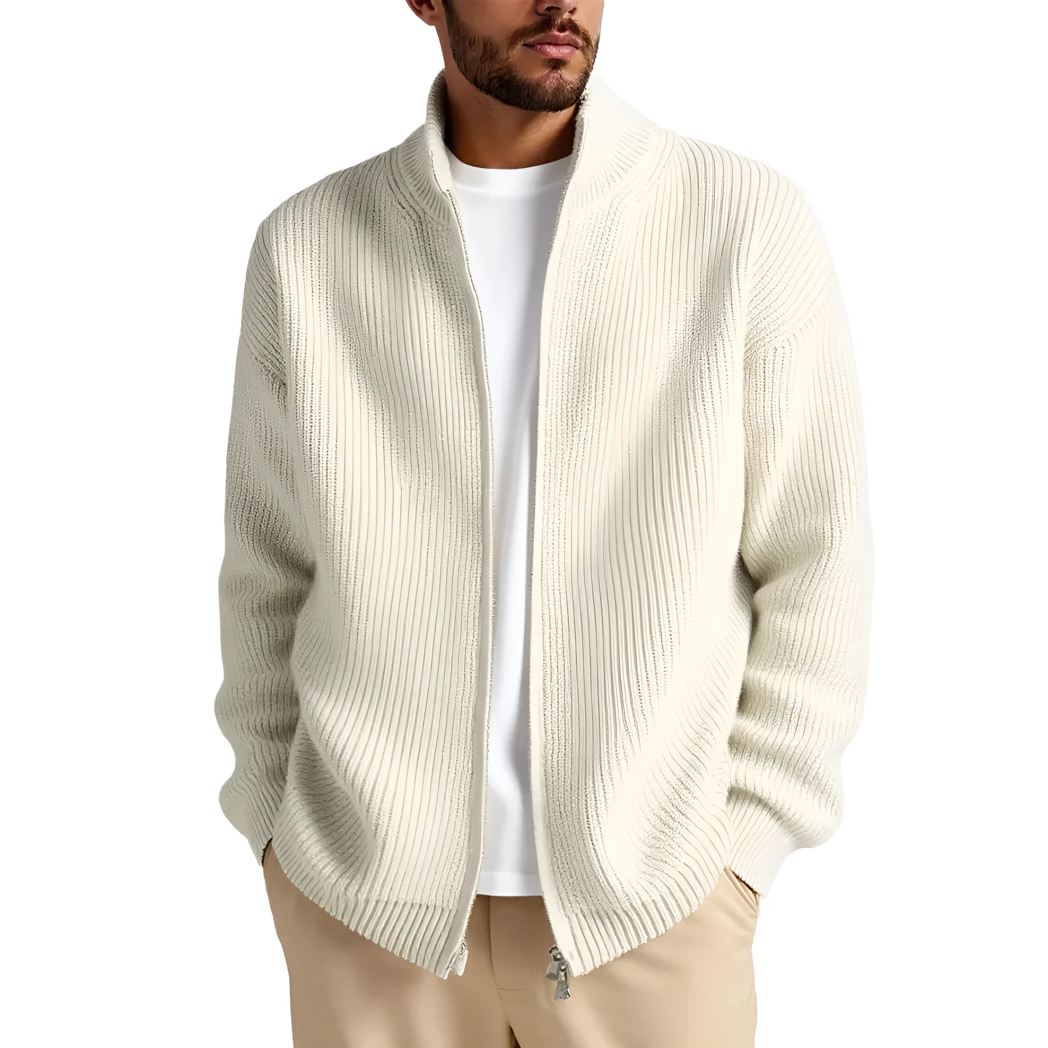 Men's loose-fit cardigan sweater coat in chemical fibre blend available in beige, black, gray, green, and navy blue