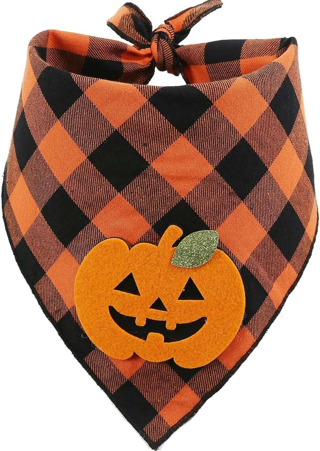 Orange plaid Halloween dog bandana with pumpkin and white skeleton appliques on polyester fabric