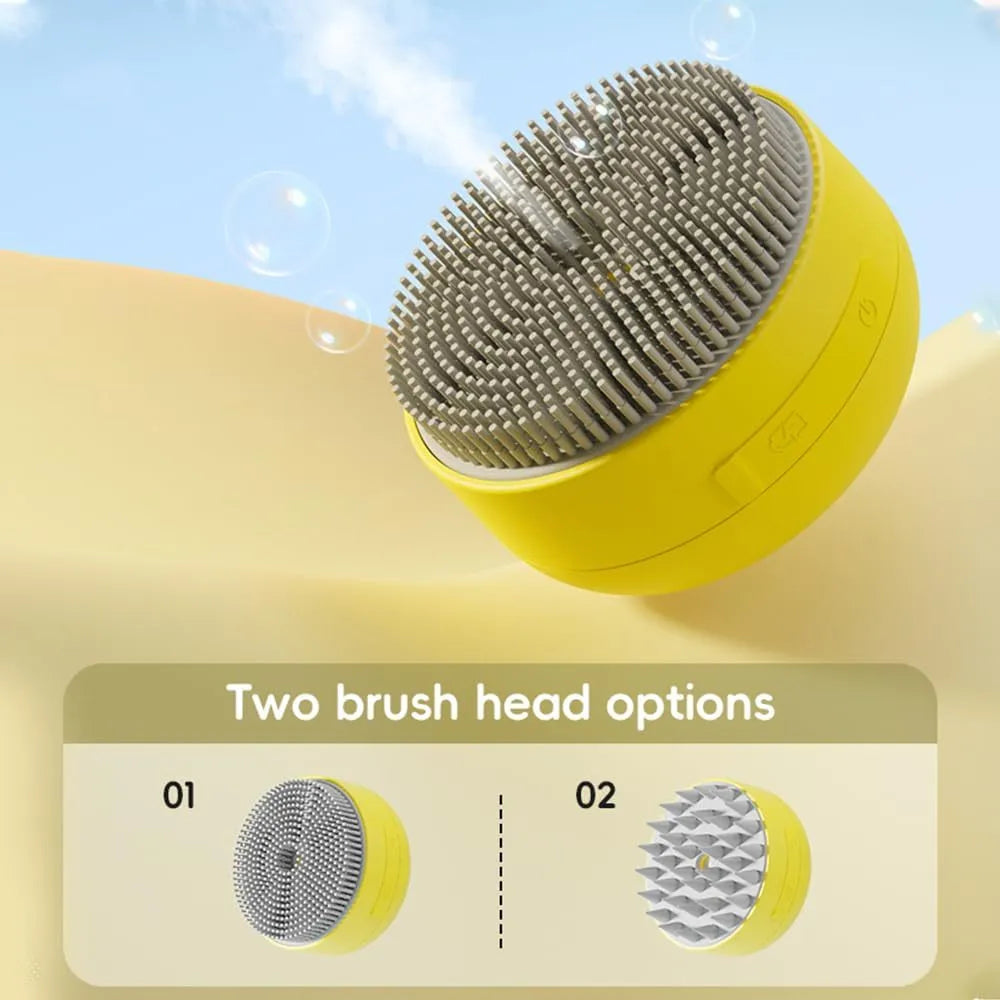 Green rechargeable cat steam brush with silicone bristles on a white background.