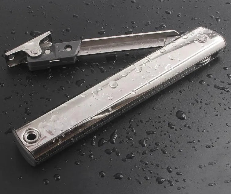 Cold rolled steel flap-up door support rod with spring jackstay in stainless steel finish.