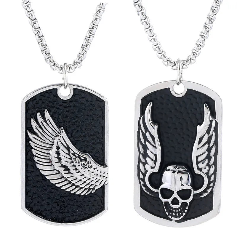 Men's Korean style necklace with alloy pendant and stainless steel chain on a flat surface