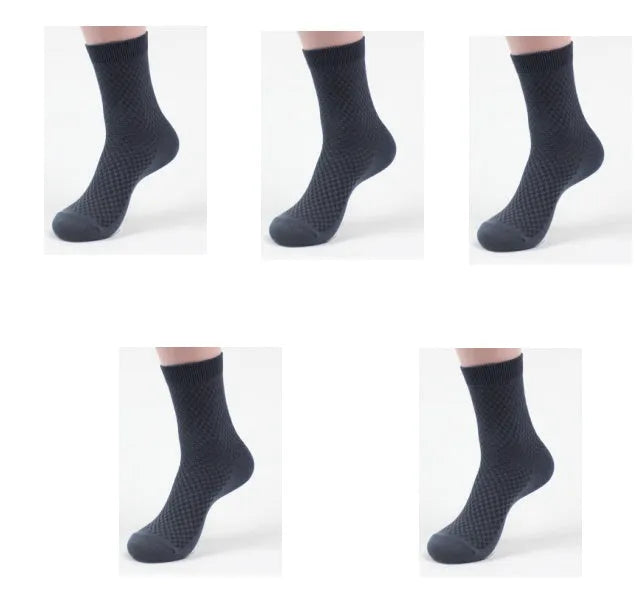 Men's bamboo fibre business socks with small square pattern in black, navy blue, and grey colours.