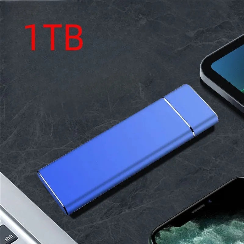 Sapphire blue metal external solid state hard disk with compact rectangular design