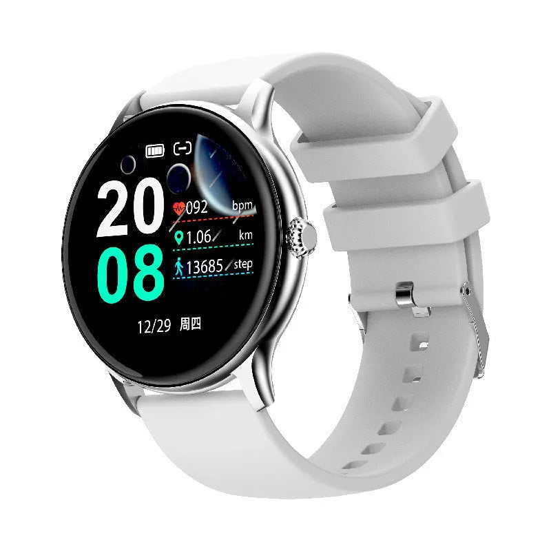 Black Bluetooth smart sports watch with circular screen on a silicone wristband