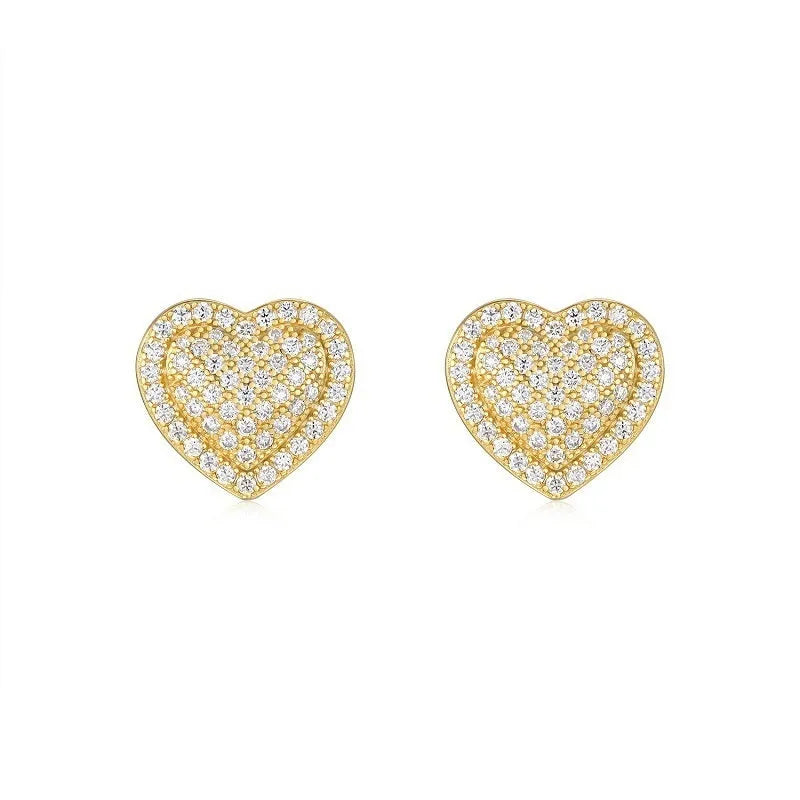Golden S925 silver heart-shaped stud earrings with moissanite stones