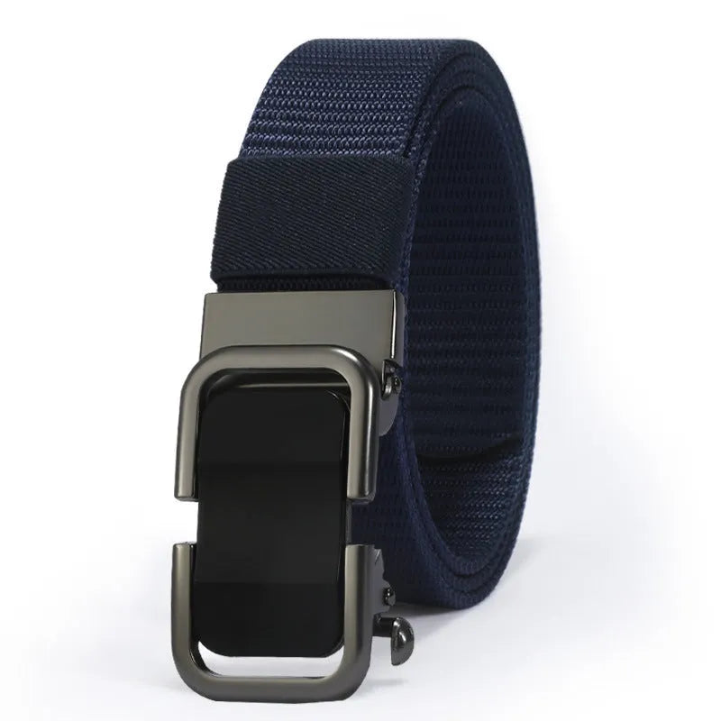 Toothless nylon canvas men's belt with alloy buckle shown in multiple colour options