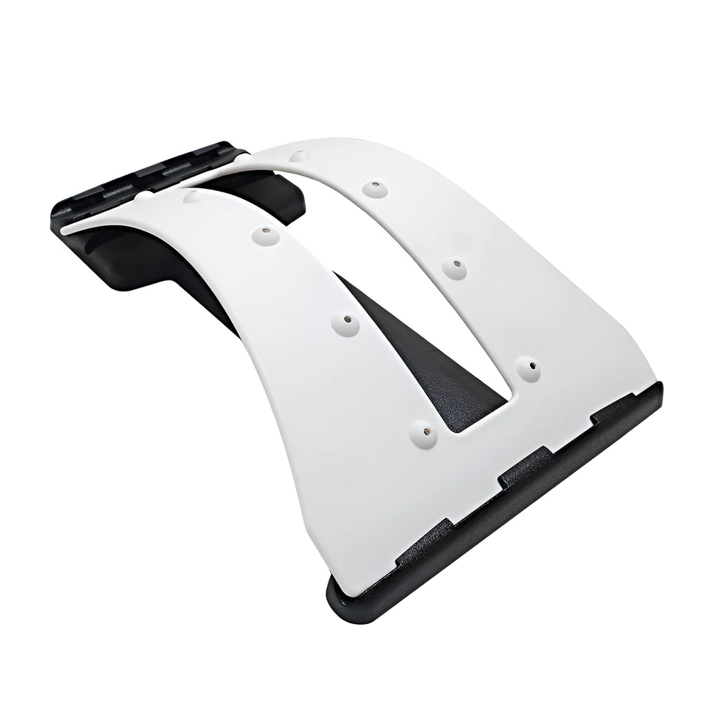 Portable lumbar massage spine stretching support cushion white and black with dimensions 40x25.5x5CM