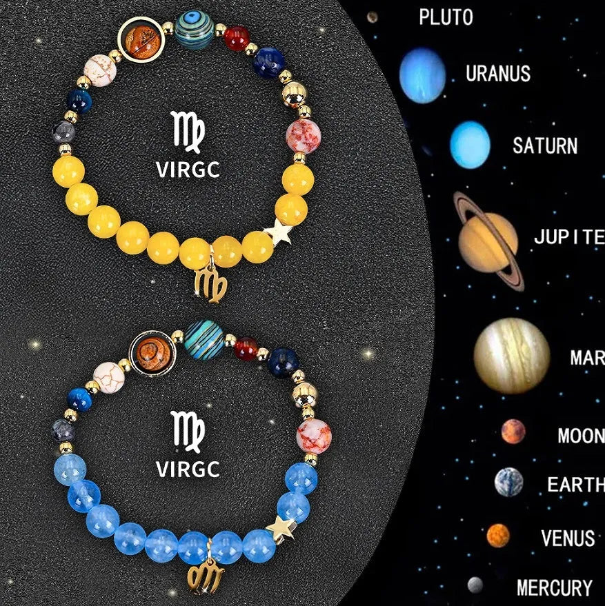 Natural stone beaded bracelets for twelve zodiac signs in two-piece astrology jewellery set