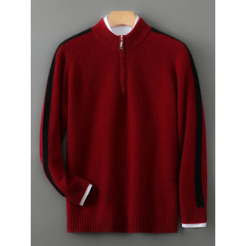 Slim fit half-zip wool knitted sweater in grey shown on a model.
