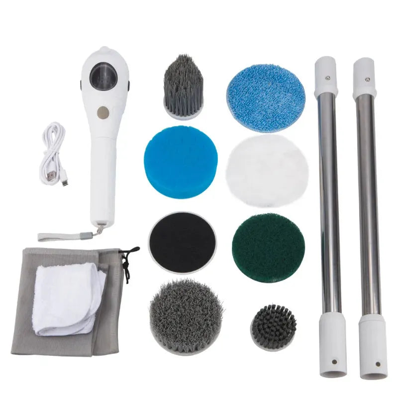 White rechargeable handheld cleaning brush with USB cable on a plain background