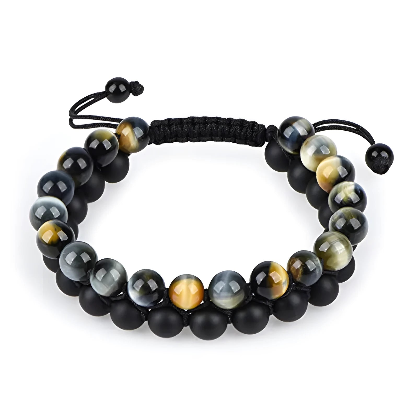 A pair of matte black agate bead bracelets with geometric design for him and her.