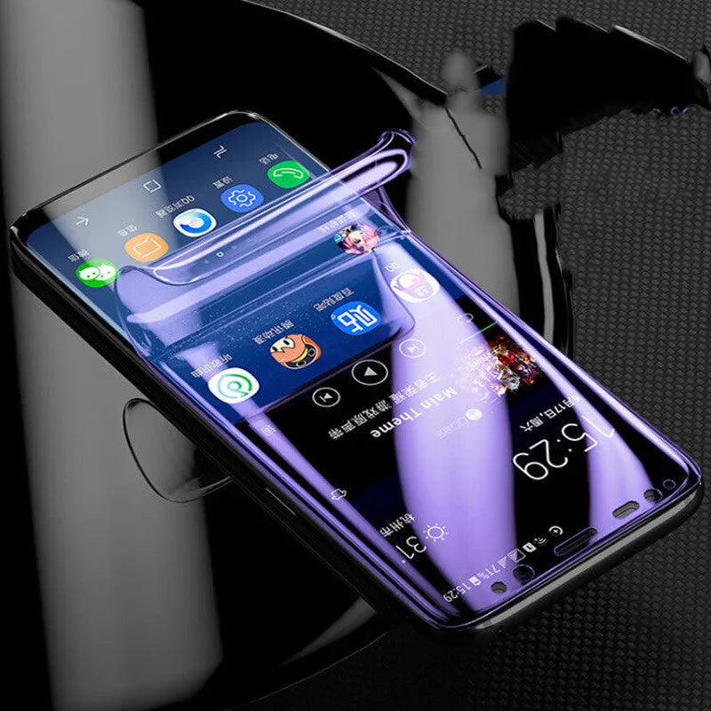 Curved hydraulic phone screen protector for Samsung Galaxy S series phones on a purple light background.