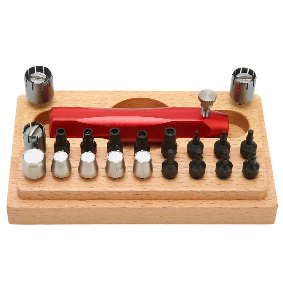Set of 20 steel extracting tubes for watch repair in a compact toolkit.