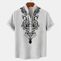 Men's striped loose-fit casual shirt on a hanger, showing button front and sleeve detail.