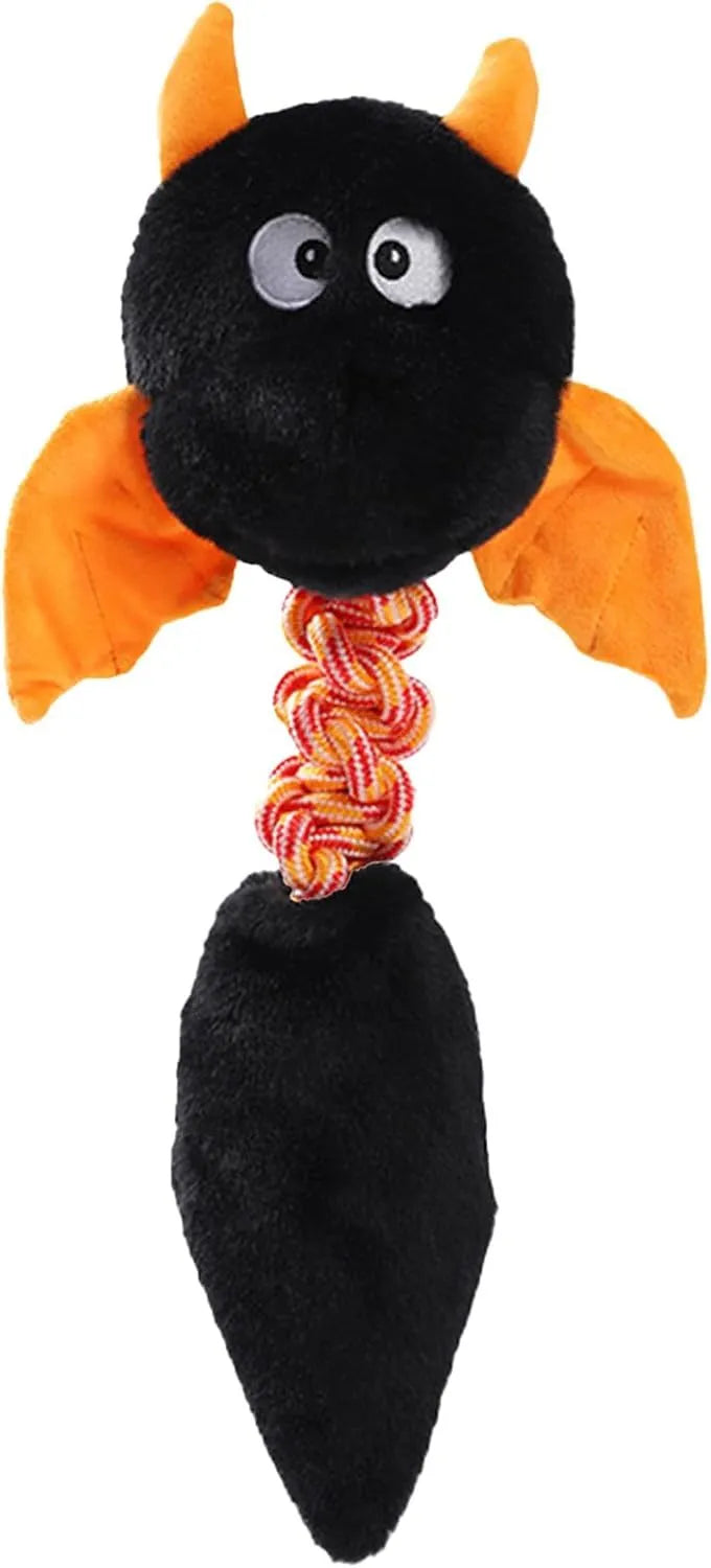 Plush dog toy with cartoon shape, rope knot, in black, green, or red on white background.