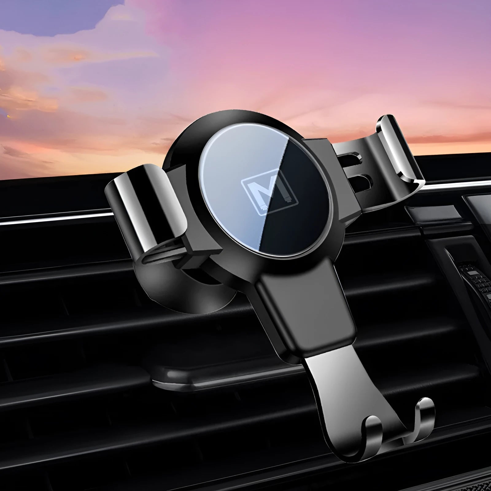 Black S4 gravity mirror ABS mobile phone bracket mounted on a car air conditioning vent.