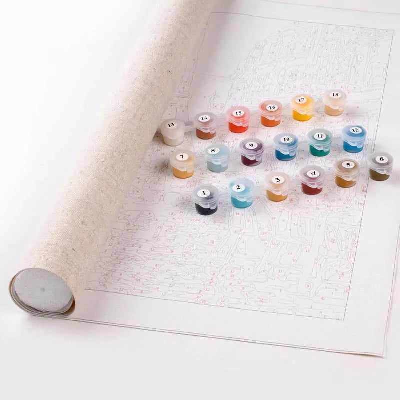 DIY digital oil painting kit showing blue flowers and birds design on 40x50cm linen canvas