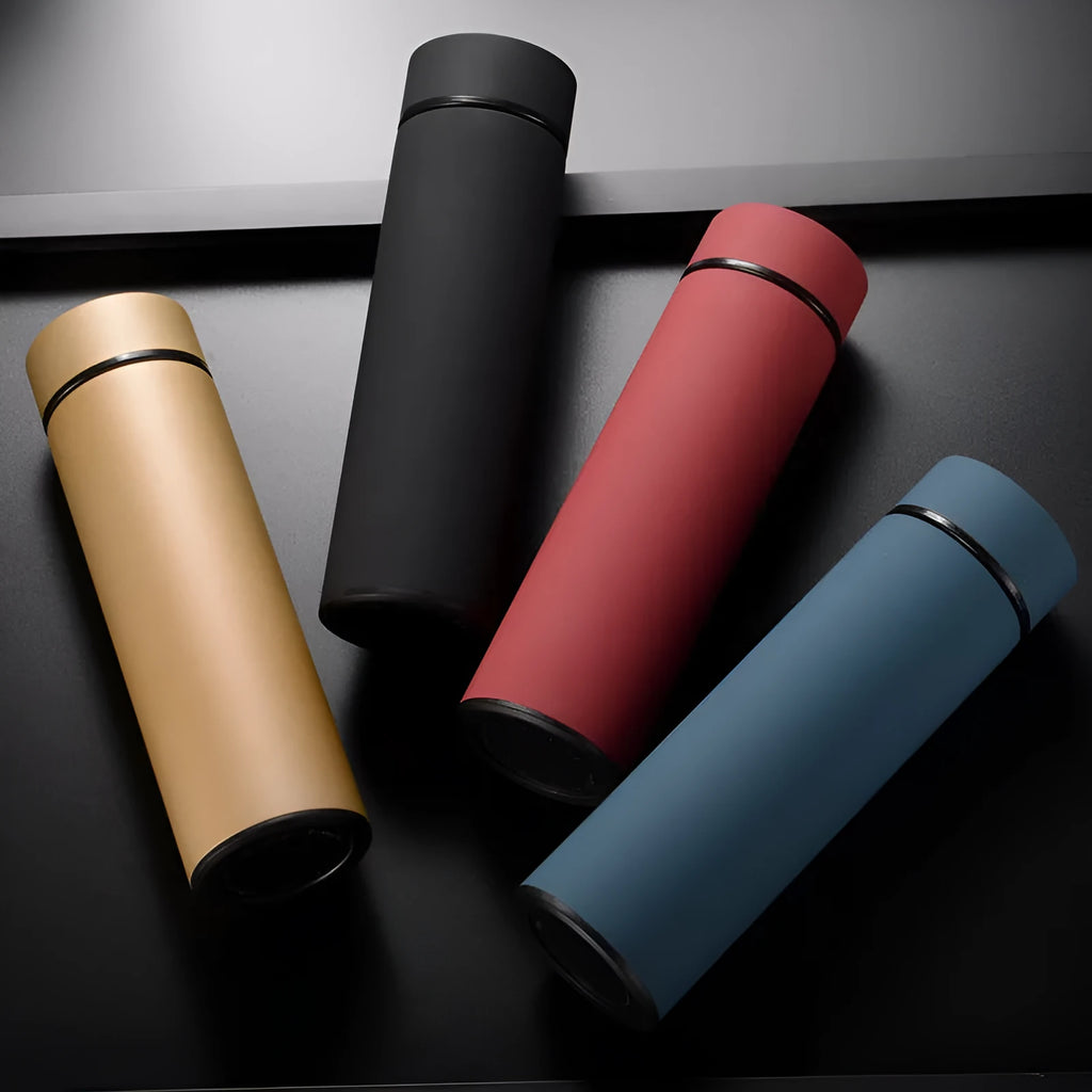 450ml stainless steel vacuum insulated water bottle in choice of colours including black, blue, red, and gold.