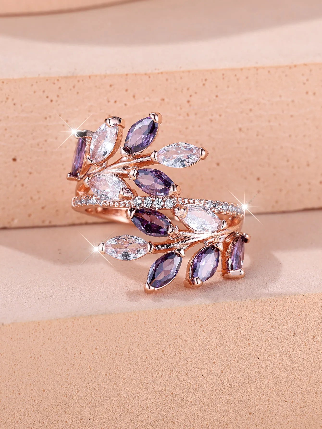 Adjustable horse eye zircon leaf fashion ring in copper with multiple colour options