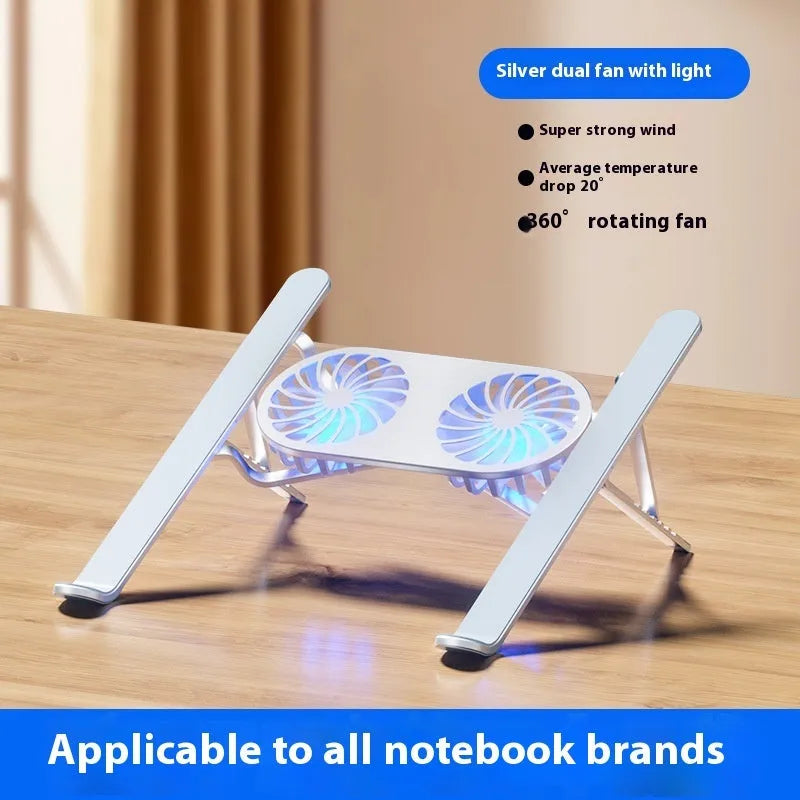 Silver aluminium laptop cooling stand with twin fans and height adjustment, shown folded.