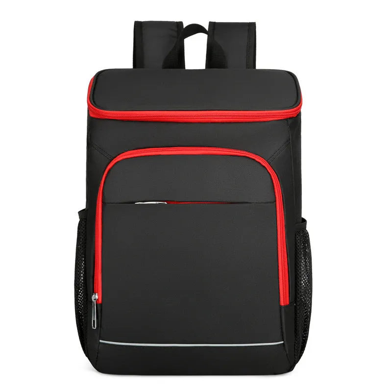 Large black outdoor backpack with curved shoulder straps showing expansion compartments for thermal picnic storage