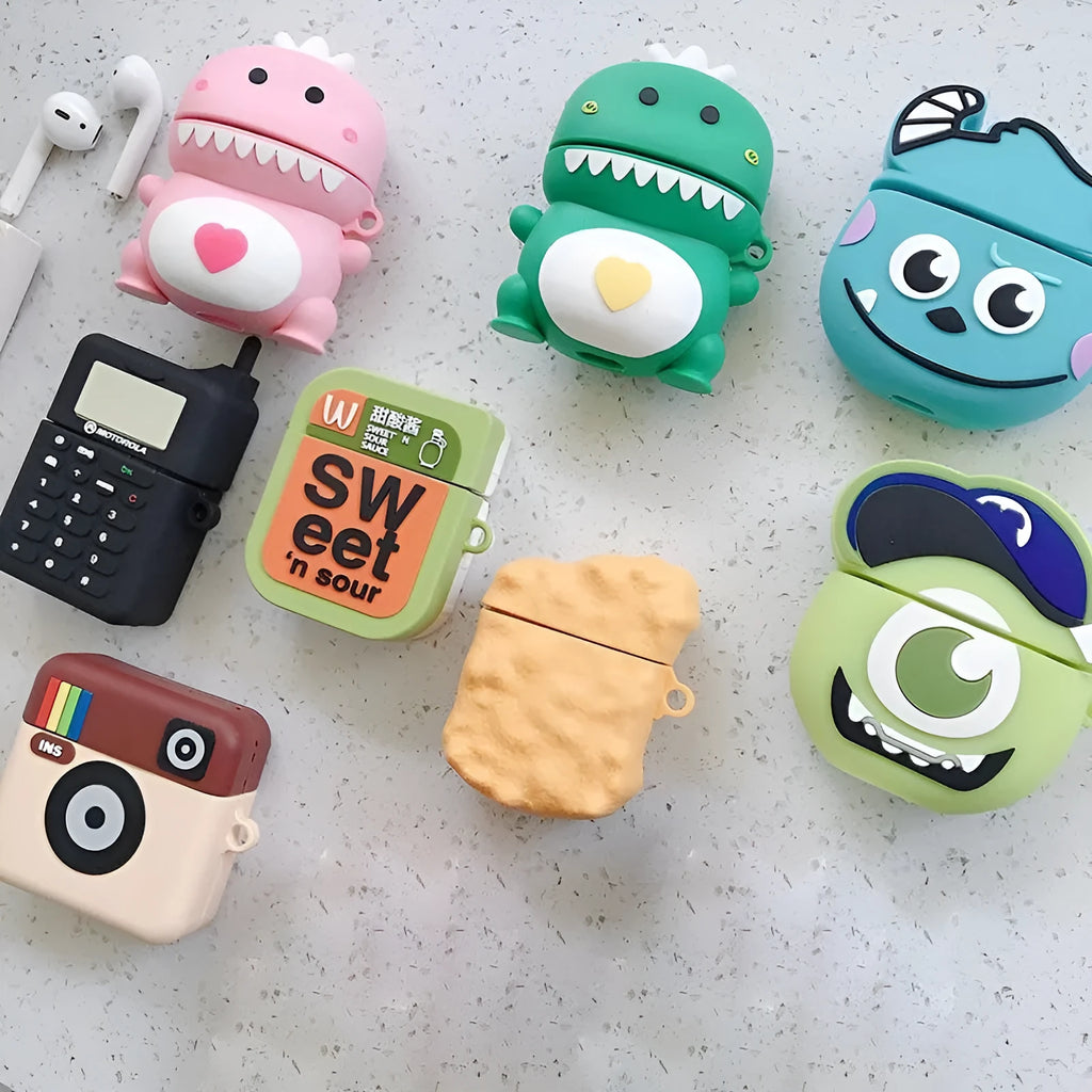 Silicone AirPods case cover with cartoon animal design in multiple colour options